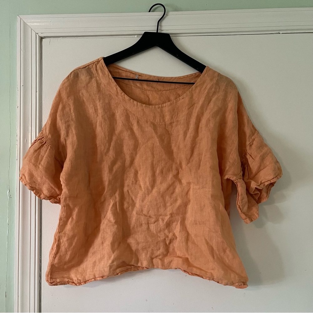 Viola Borghi Womens 100% Linen Top Short Sleeve Ruffle Peach Made in Italy